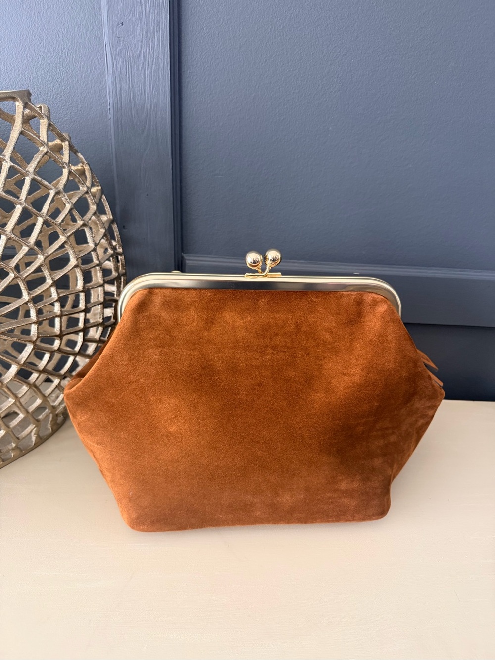 Coach Kisslock Frame Bag 27 Warm Brown Suede Brass NWT - Picture 6 of 15